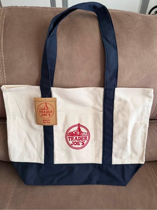 Handbags - Trader Joe's Canvas Tote Bag in Cream and Navy with Red Logo